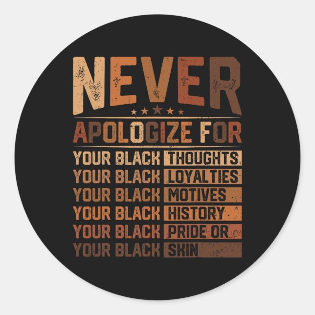 Sticker Rond Never Apologize For Your Black History Juneteenth  (Devant)