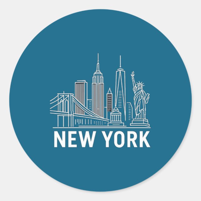 Sticker Rond New York Skyline With Statue Of Liberty White Line (Devant)