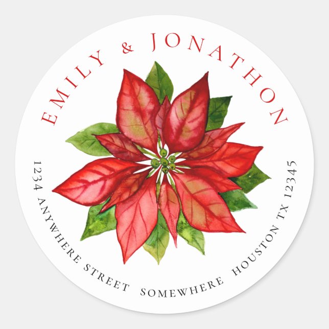 Sticker Rond Newlyweds Nom de retour Adresse Poinsettia Mariage (Devant)