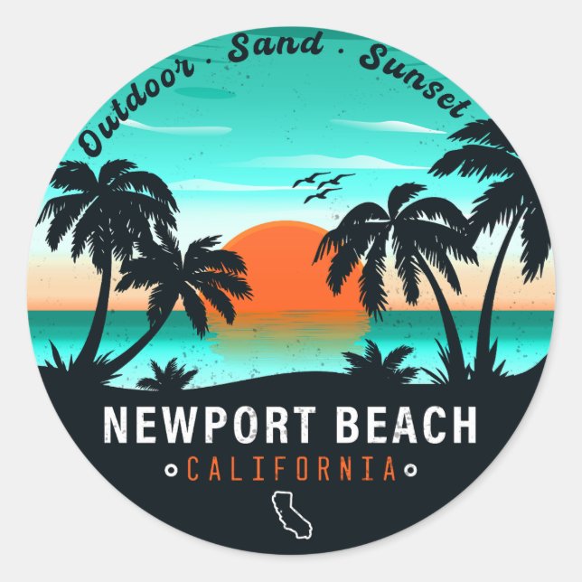 Sticker Rond Newport Beach California Retro Sunset Vacation 80s (Devant)