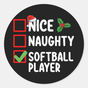 Sticker Rond Nice Naughty Softball Player Liste de Noël