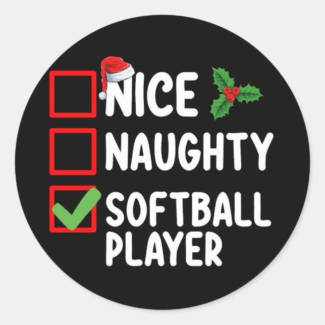 Sticker Rond Nice Naughty Softball Player Liste de Noël (Devant)