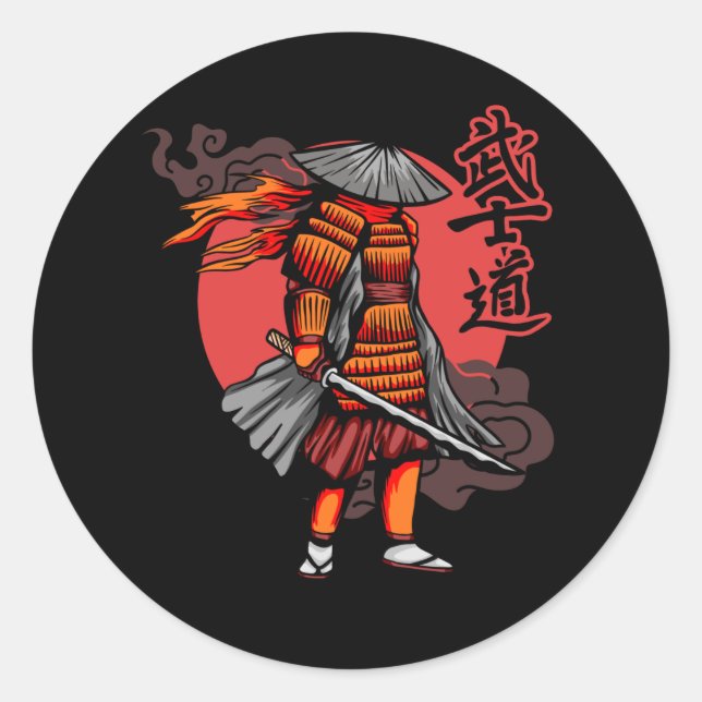Sticker Rond Nice Samurai Retro - Samurai Holding Katana (Devant)