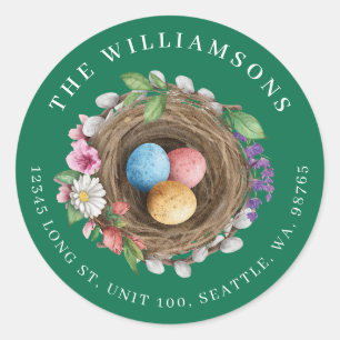Sticker Rond Nid d'oiseaux floraux de printemps et oeufs peints