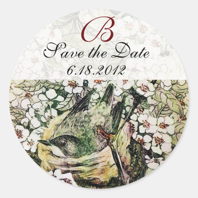 Sticker Rond NID OISEAU Enregistrer La Date Monogramme, Blanc J (Devant)