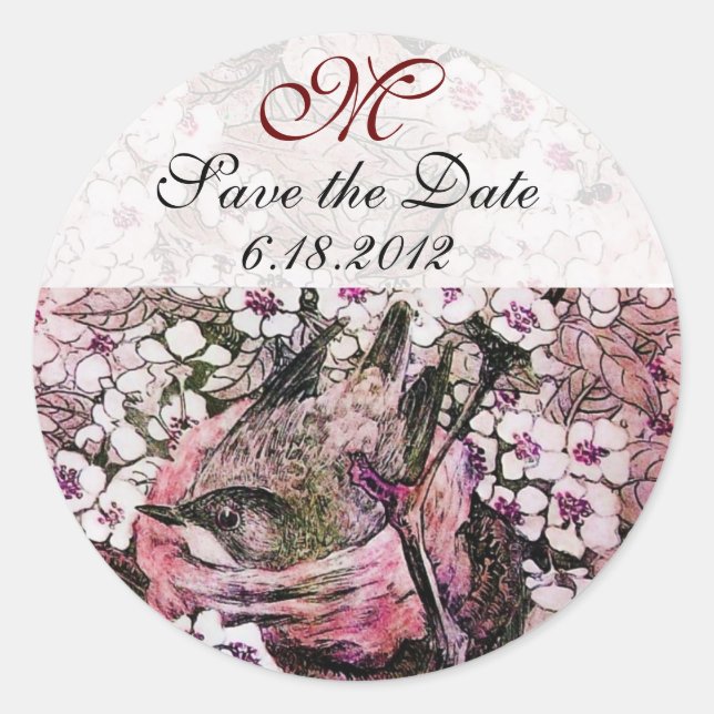 Sticker Rond NID OISEAU Enregistrer La Date Monogramme, Rose Bl (Devant)