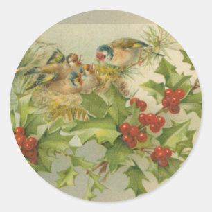 Sticker Rond Nid vintage d'oiseaux de Noël