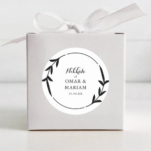 Sticker Rond Nikkah Élégant Bordure de Feuille Noir & Blanc en 