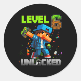Sticker Rond Niveau 6 Débloqué Drôle Anniversaire Garçon Pixel 