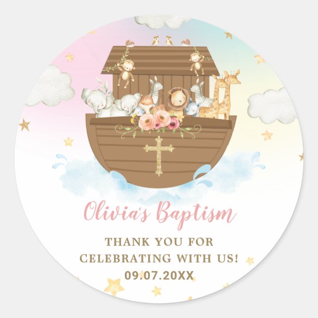 Sticker Rond Noah's Ark Cute Animaux Fille Baptême Christening (Devant)