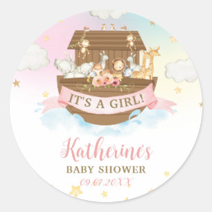 Sticker Rond Noah's Ark Rainbow Animals Fille Baby shower Favor