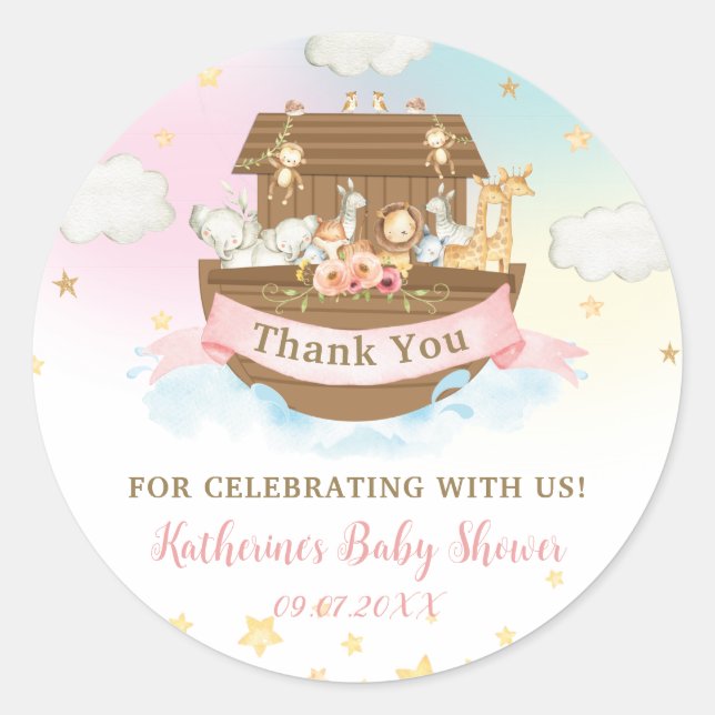 Sticker Rond Noah's Ark Rainbow Birthday Baby shower Merci (Devant)