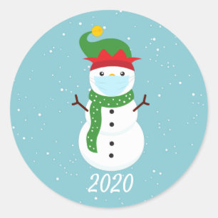 Sticker Rond Noël 2020 Masque Visage Snowman Quarantine