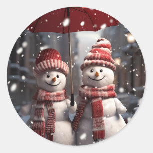 Sticker Rond Noël 2 Snowmen 1 Parapluie Couple de Neige