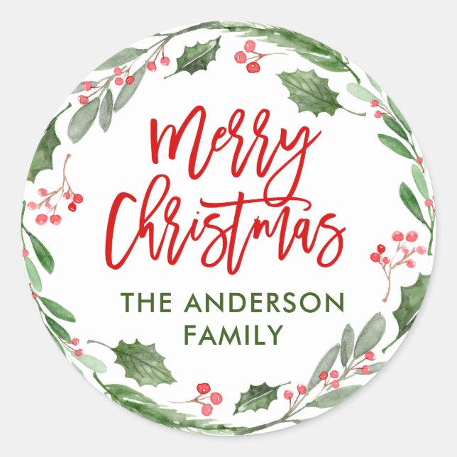 Sticker Rond Noël à l'aquarelle Holly Berry (Devant)