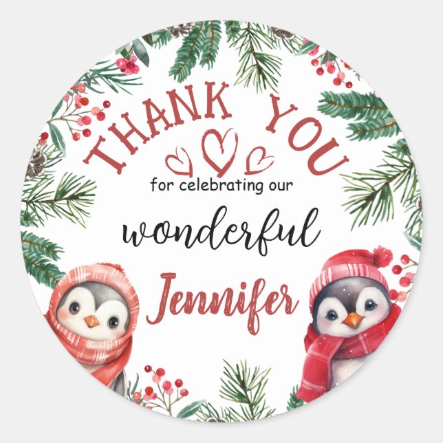 Sticker Rond Noël à Pingouin mignon 2e anniversaire Merci (Devant)