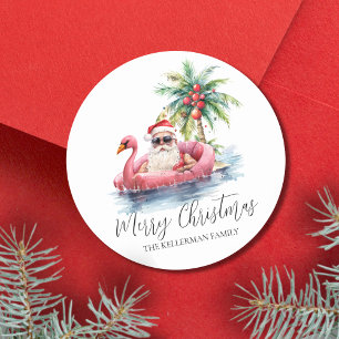 Sticker Rond Noël à Santa Claus Tropical Beach