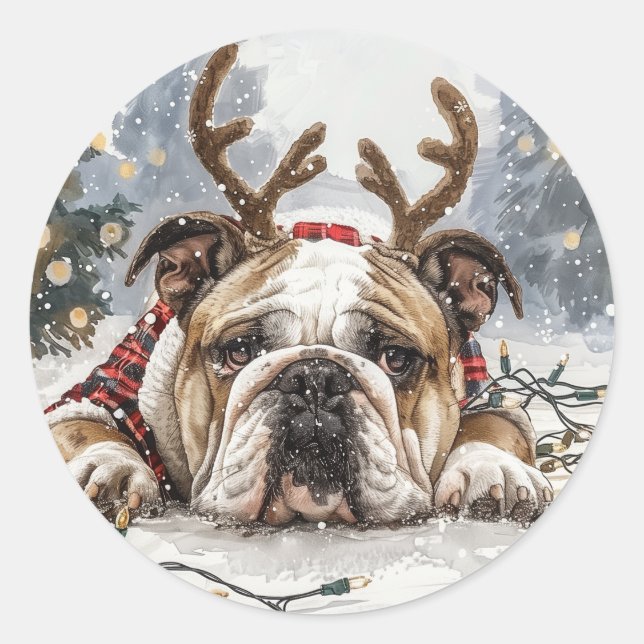 Sticker Rond Noël anglais Bulldog Reindeer (Devant)