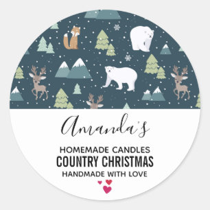 Sticker Rond Noël Animaux d'hiver Motif rustique bougie