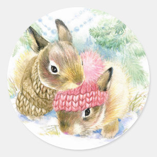 Sticker Rond Noël   Aquarelle - Bunnies de forêt d'hiver