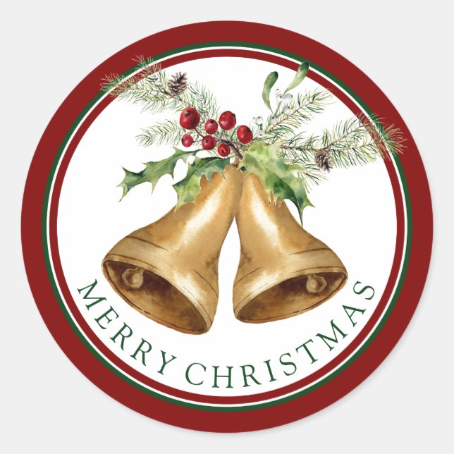 Sticker Rond Noël | Aquarelle - Holly Mistletoe & Bells (Devant)