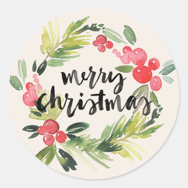 Sticker Rond Noël | Aquarelle - Merveilleuse couronne de Noël (Devant)