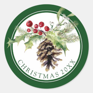 Sticker Rond Noël   Aquarelle - Vintage Holly & Pinecone