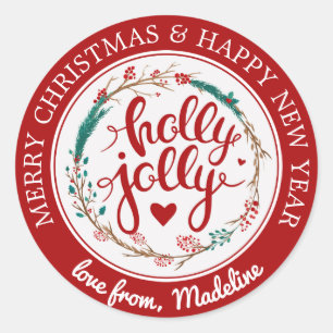 Sticker Rond Noël Aquarelle - Wreath Holly Jolly