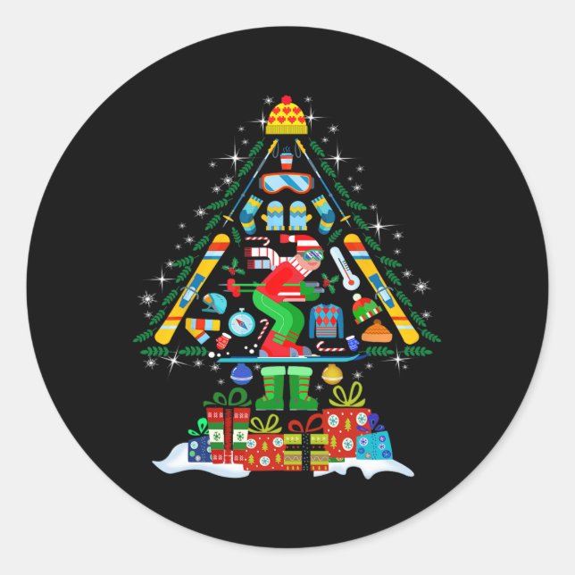 Sticker Rond Noël Arbre Lumière Noël Ski Ski Ski Snowboard Sno (Devant)