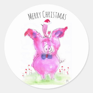 Sticker Rond Noël aux cochons roses et aux oiseaux