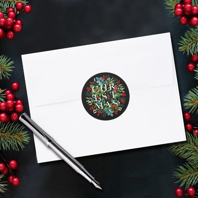 Sticker Rond NOËL Berries Vert Noir (CHRISTMAS Berries Greenery Black Small 1-1/2" Round Stickers (3" also available.))