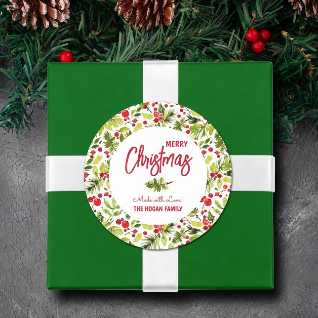 Sticker Rond Noël Berries vertes Fête de la Nourriture Maison (Merry Christmas, Made with Love round stickers with greenery and red berries)