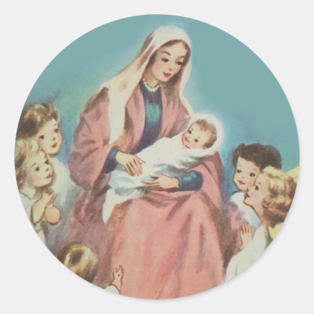 Sticker Rond Noël Bienheureuse Vierge Marie Bébé Jésus Anges (Devant)