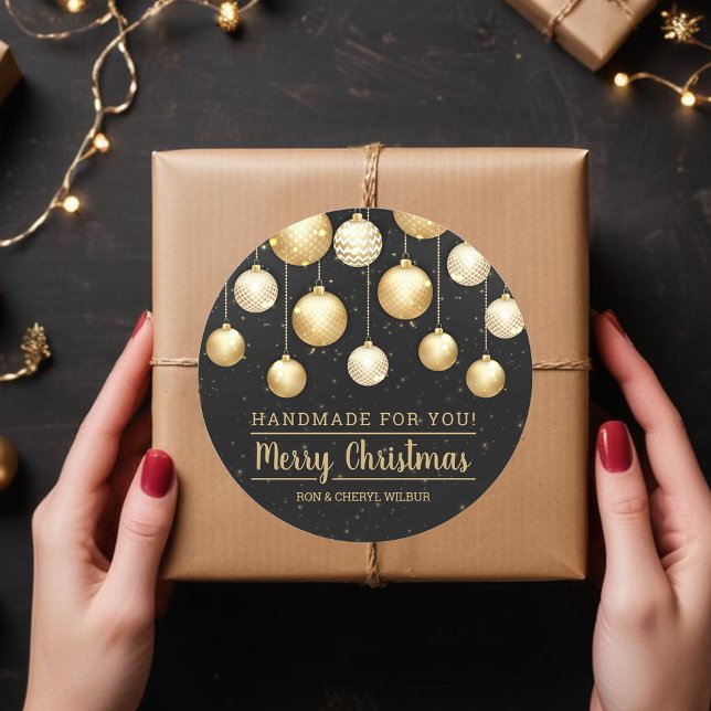 Sticker Rond Noël Black Gold fait main pour vous (Black and Gold Christmas Tree Ornaments on Handmade For You  Round Stickers)