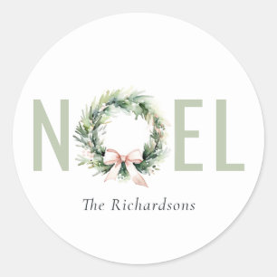 Sticker Rond Noel Blush Vert Noël Wreath Aquarelle