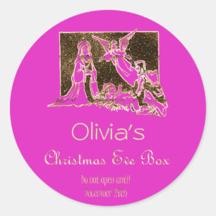 Sticker Rond Noël Boîte de nuit Nativité Hot rose Faux Gold