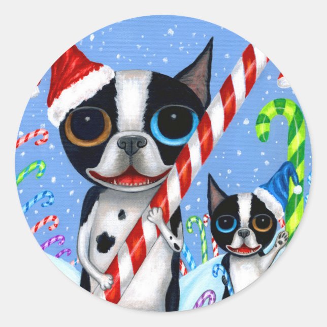 Sticker Rond Noël Boston Terrier Chiens Sucre de canne Santa Ha (Devant)