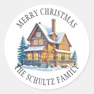 Sticker Rond Noël Cabine personnalisé Snowy Log