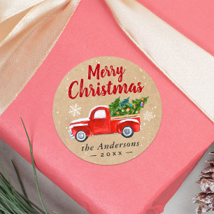 Sticker Rond Noël Camion Arbres Snowflakes Joyeux Noël
