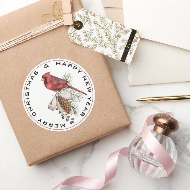 Sticker Rond Noël Cardinal Joyeux Noël Bonne année (Cadeaux)