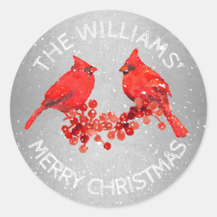 Sticker Rond Noël Cardinal Rouge Oiseaux Faux Argent