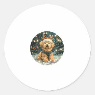 Sticker Rond Noël Cavapoo Reindeer Chien Santa Hat Cute Holi