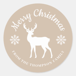 Sticker Rond Noël Cerf Beige Et Blanc Et Flocons