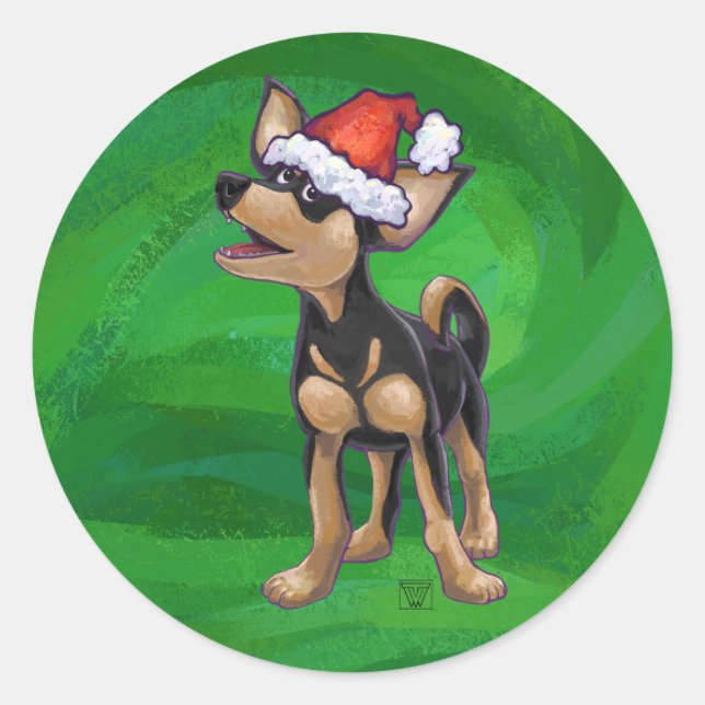Sticker Rond Noël Chihuahua sur vert (Devant)