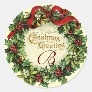 STICKER ROND NOËL COURONNE AVEC MISTLETOES ET BERRIES SAINES