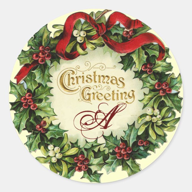 STICKER ROND NOËL COURONNE AVEC MISTLETOES ET BERRIES SAINES (Devant)