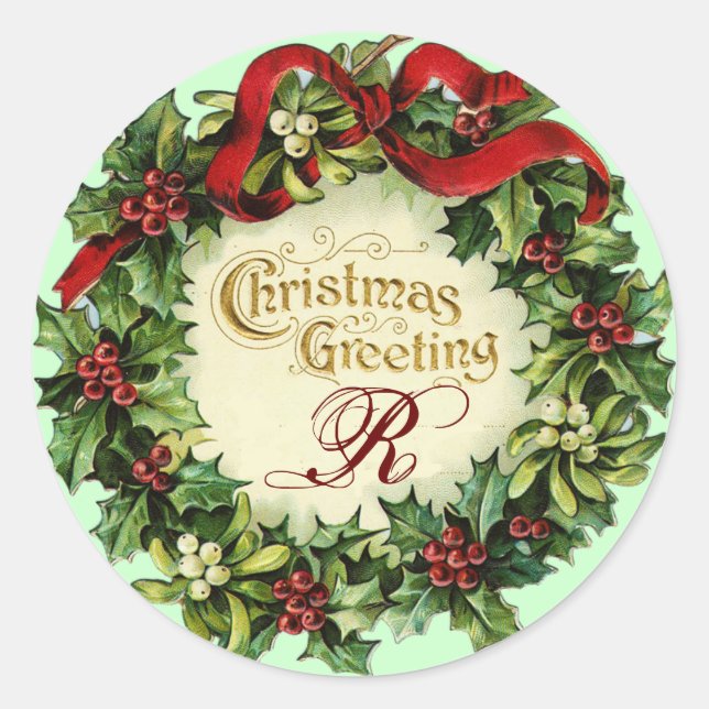 STICKER ROND NOËL COURONNE AVEC MISTLETOES ET BERRIES SAINES (Devant)