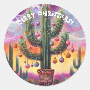 Sticker Rond Noël dans le désert Sud-Ouest Saguaro Cactus