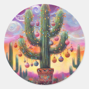 Sticker Rond Noël dans le désert Sud-Ouest Saguaro Cactus
