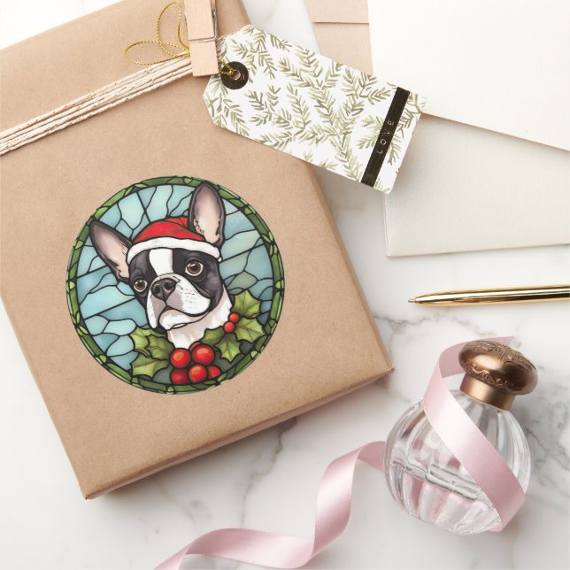Sticker Rond Noël de Boston Terrier en verre teint (Cadeaux)